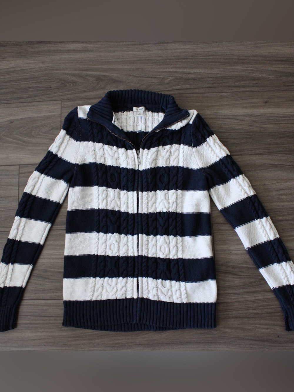 L.L. Bean Striped Cable-Knit Zip Sweater Navy and White Womens XS